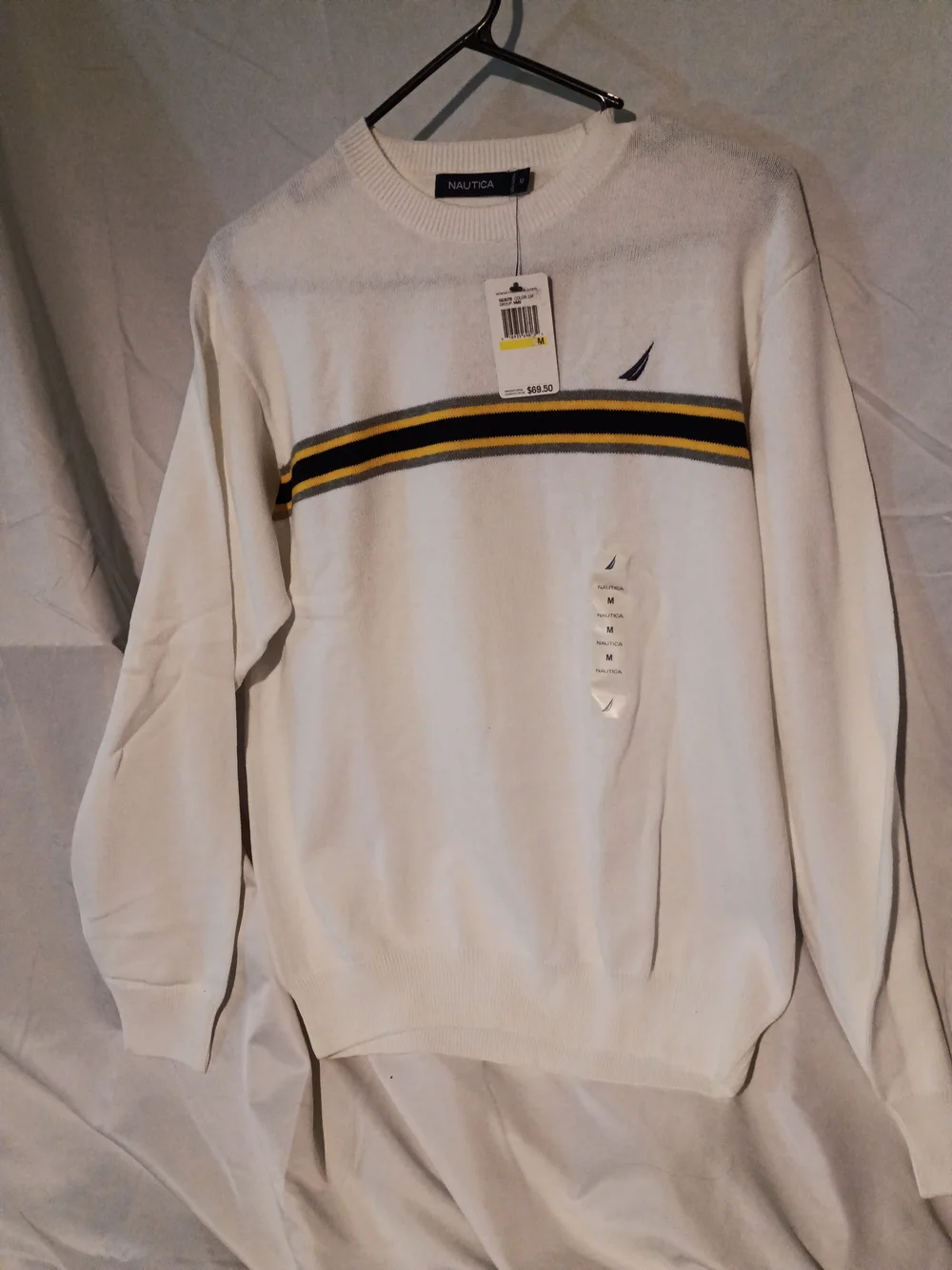 Nautica White Crewneck Sweater with Navy & Yellow Stripes